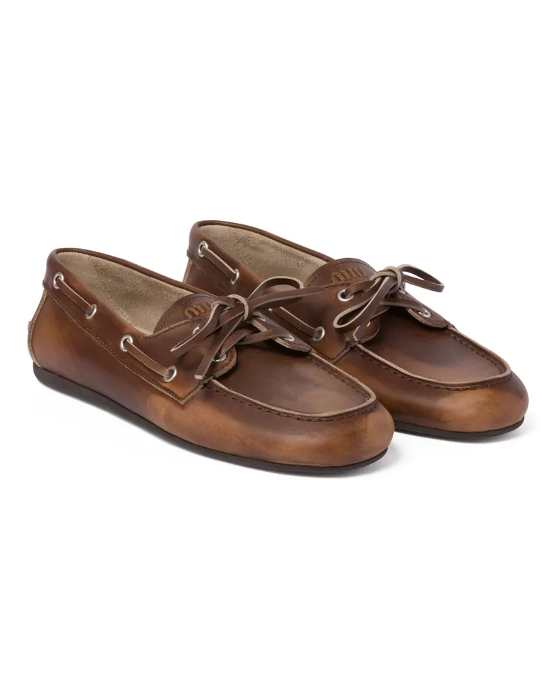 Miu Miu Deckschuhe Aus Gebleichtem Leder, Damen, Sienna, Größe Sienna