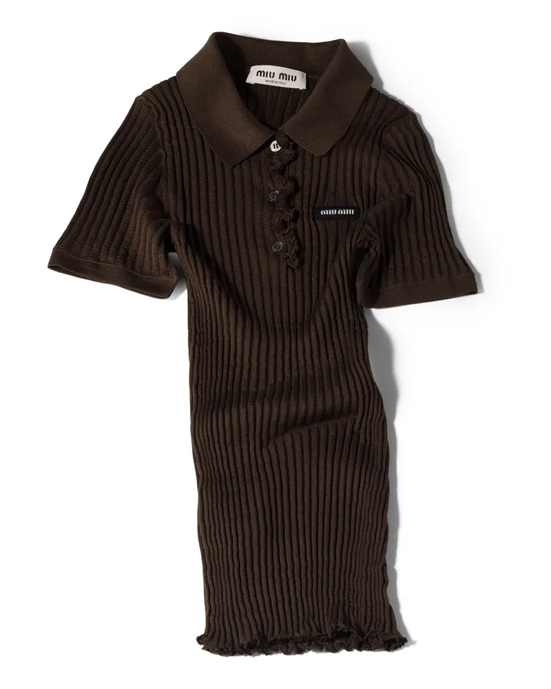 Miu Miu Gestricktes Poloshirt Aus Seide, Damen, Kakaobraun, Größe Kakaobraun