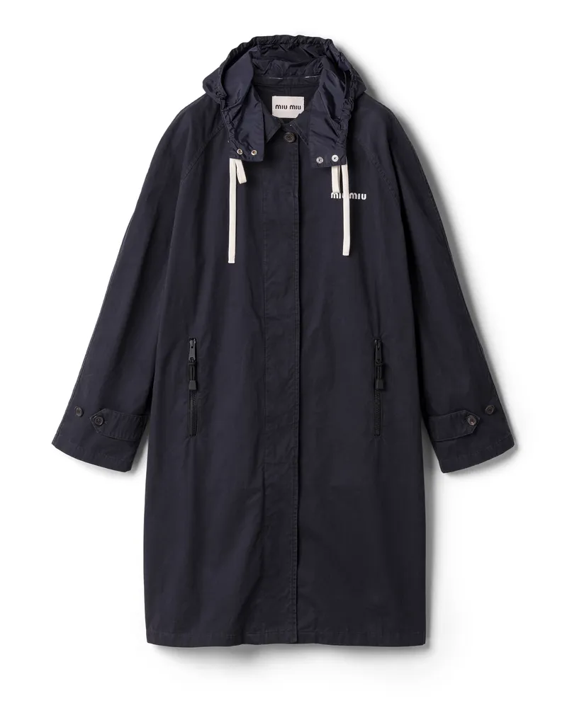 Miu Miu Einreihiger Mantel Aus Gewaschener Gabardine, Damen, Blau, Größe Blau