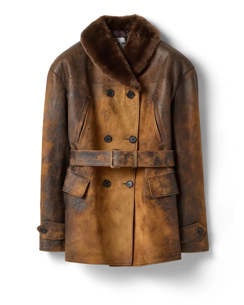 Miu Miu Doppelreihige Cabanjacke Aus Gewachstem Wildleder, Damen, Cognac, Größe Cognac