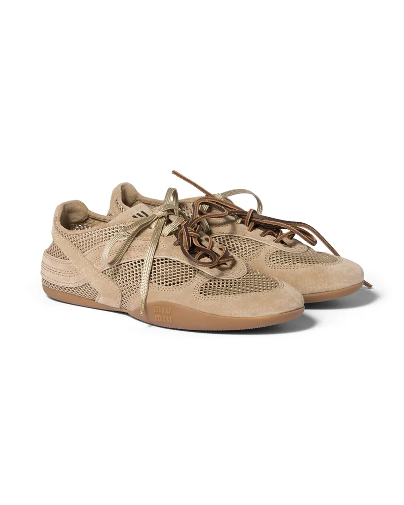 Miu Miu Miu Gymnasium Sneaker Aus Mesh Und Veloursleder, Damen, Wüstenbeige, Größe Wüstenbeige