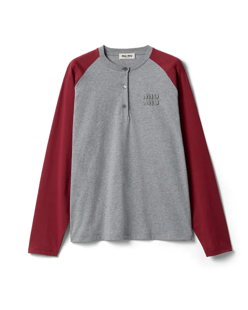 Miu Miu Henleyshirt Aus Baumwoll-jersey, Damen, Burgunderrot/grau, Größe Burgunderrot