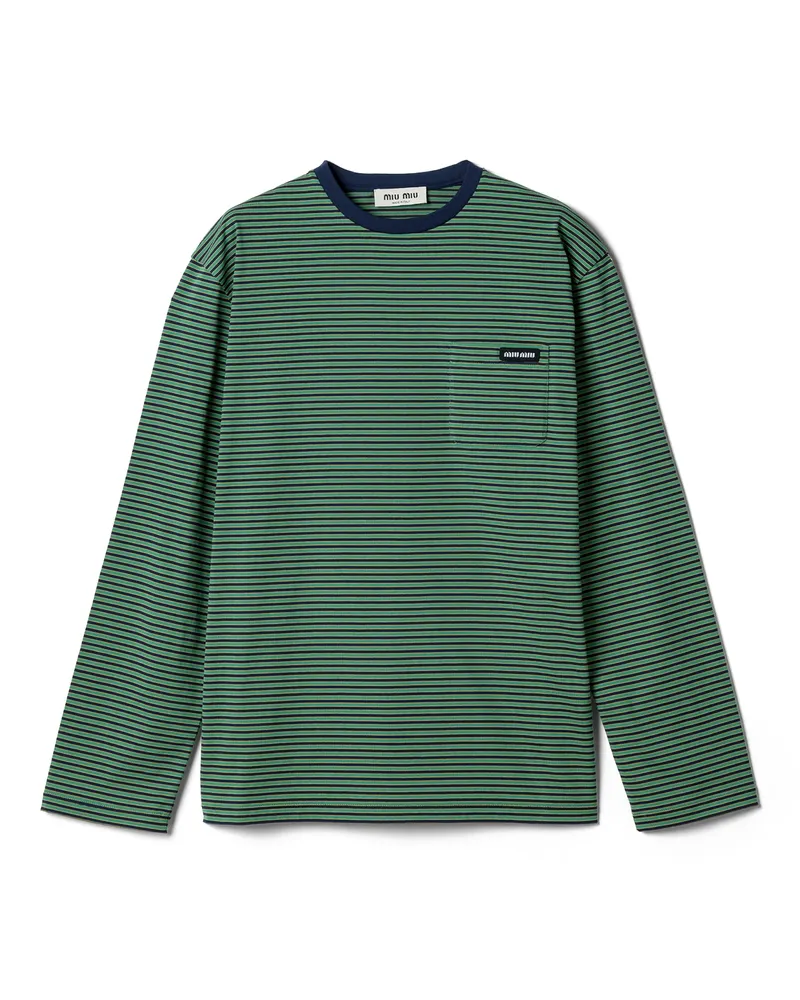 Miu Miu Gestreiftes T-shirt Aus Jersey, Damen, Marineblau/grün, Größe Marineblau