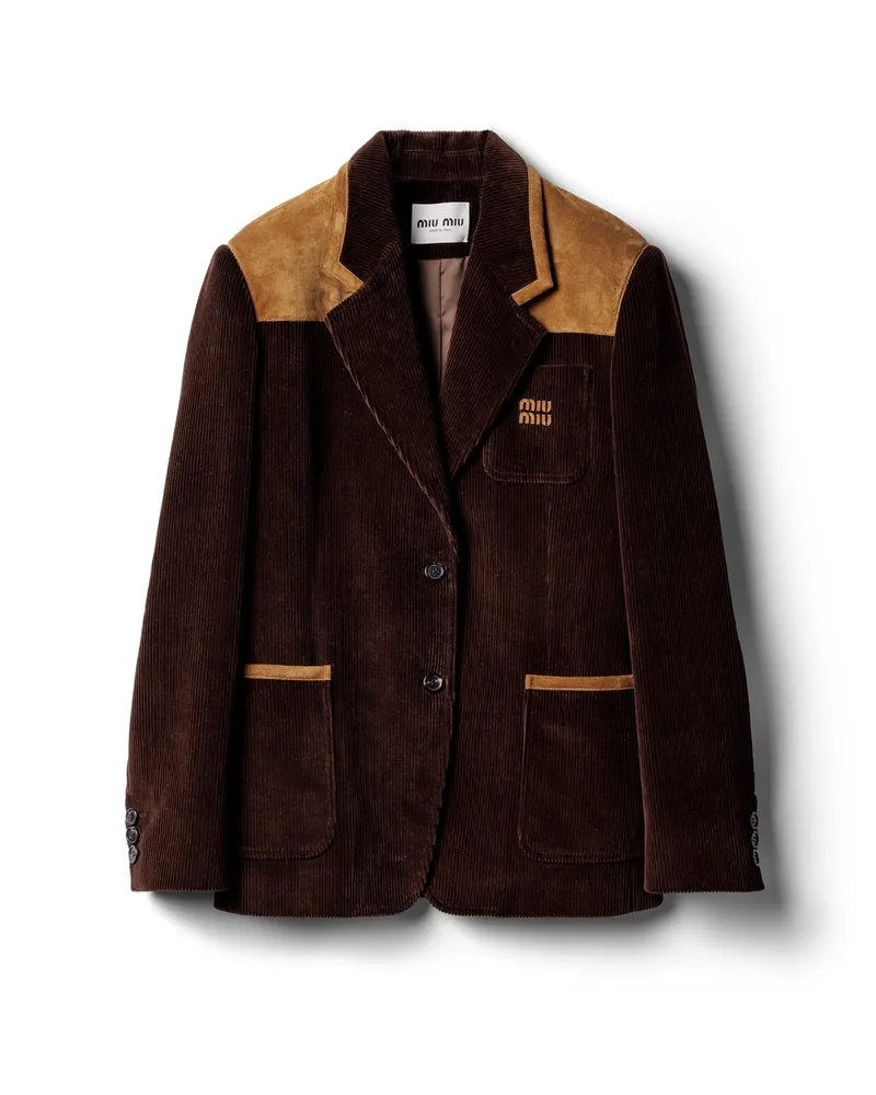 Miu Miu Einreihige Jacke Aus Cord Und Leder, Damen, Kakaobraun, Größe Kakaobraun