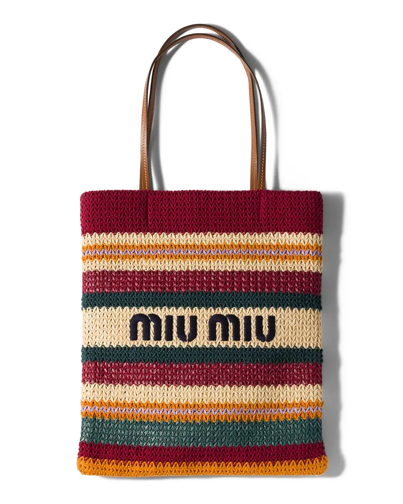 Miu Miu Tote Bag In Raphiabast-optik, Damen, Bordeaux/blaugrün/natur Bordeaux