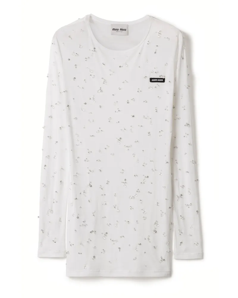 Miu Miu Besticktes Kleid Aus Geripptem Jersey, Damen, Weiss, Größe Weiss