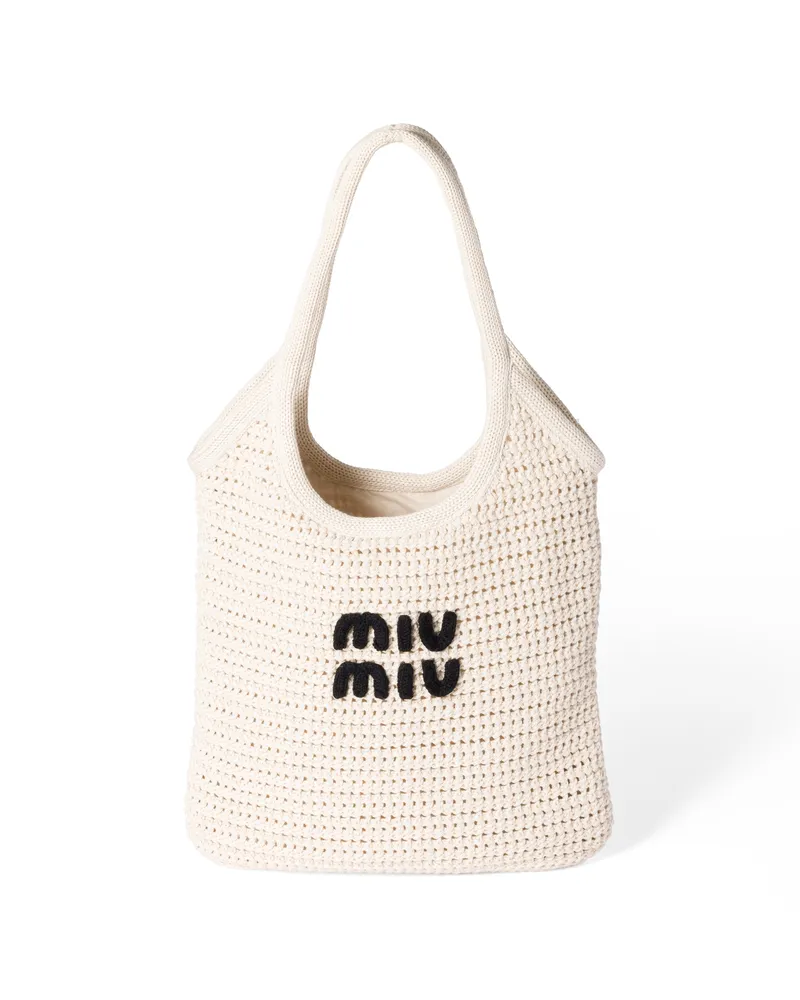 Miu Miu Ivy Tote Bag In Raphiabast-optik, Damen, Kalkweiss/schwarz Kalkweiss