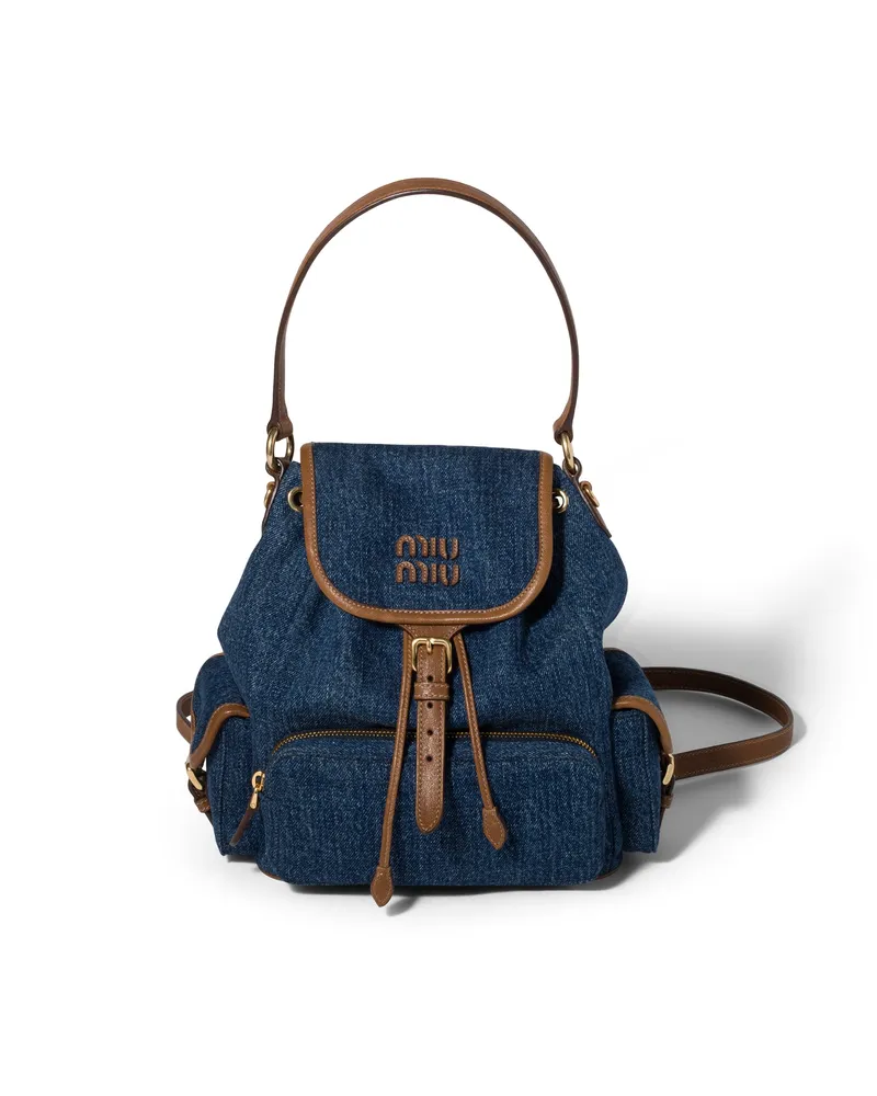 Miu Miu Rucksack Aus Denim Und Leder, Damen, Blau/eiche Blau