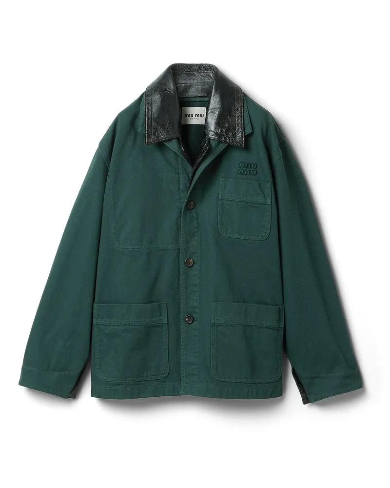 Miu Miu Einreihige Jacke Aus Stückgefärbter Gabardine Und Leder, Damen, Flaschengrün, Größe Flaschengrün