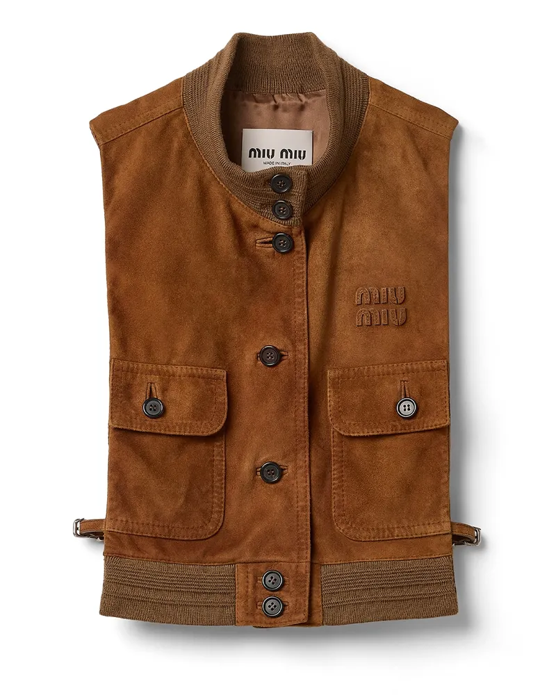 Miu Miu Weste Aus Gewachstem Wildleder, Damen, Cognac, Größe Cognac