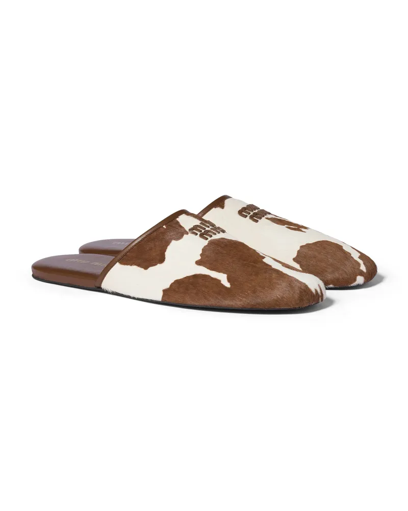 Miu Miu Slipper Aus Bedrucktem Leder, Damen, Weiß/burnt Sienna, Größe Weiß