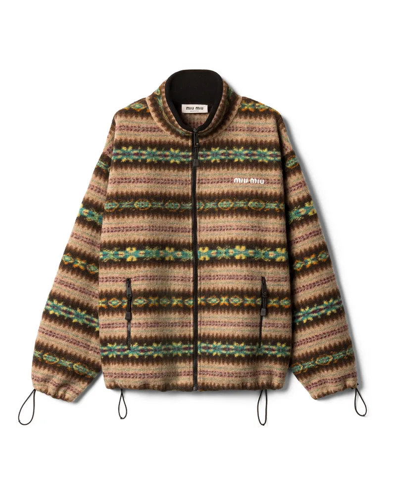 Miu Miu Reißverschlussjacke Aus Baumwollfleece, Damen, Ebenholz / Grün, Größe Ebenholz