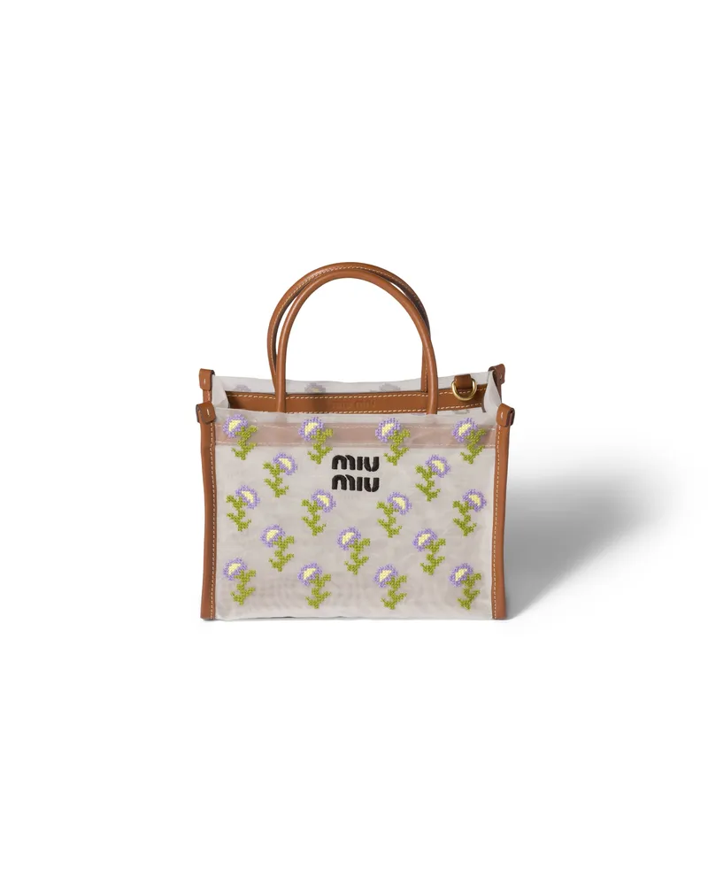 Miu Miu Bestickte Henkeltasche Aus Mesh, Damen, Cognac Cognac