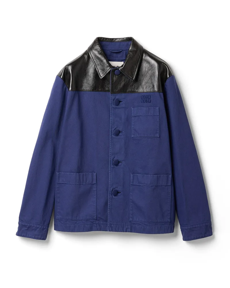 Miu Miu Einreihige Jacke Aus Stückgefärbter Gabardine Und Leder, Damen, Tintenblau, Größe Tintenblau