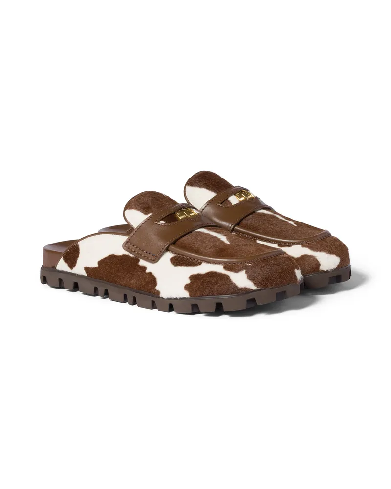 Miu Miu Mules Aus Bedrucktem Leder, Damen, Weiß/burnt Sienna, Größe Weiß