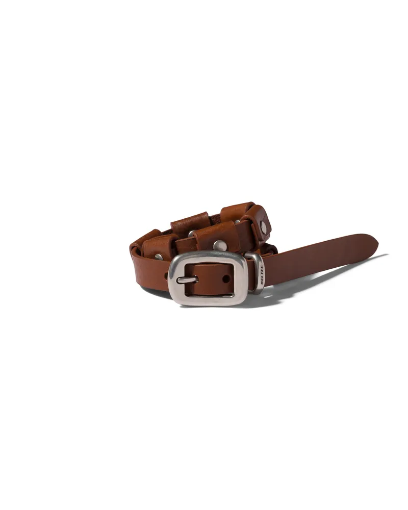 Miu Miu Armband Aus Leder Mit Schließe, Damen, Tabak/silber Tabak
