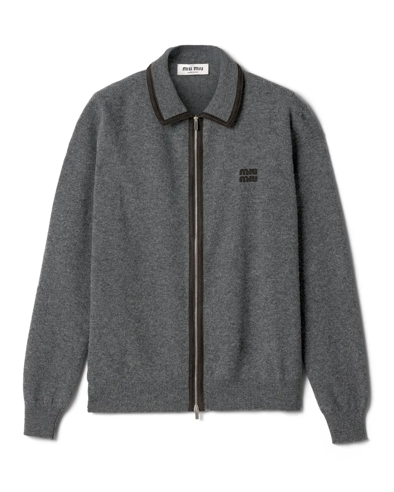 Miu Miu Strickjacke Aus Wolle Und Kaschmir Mit Details Aus Wildleder, Damen, Schiefergrau, Größe Schiefergrau