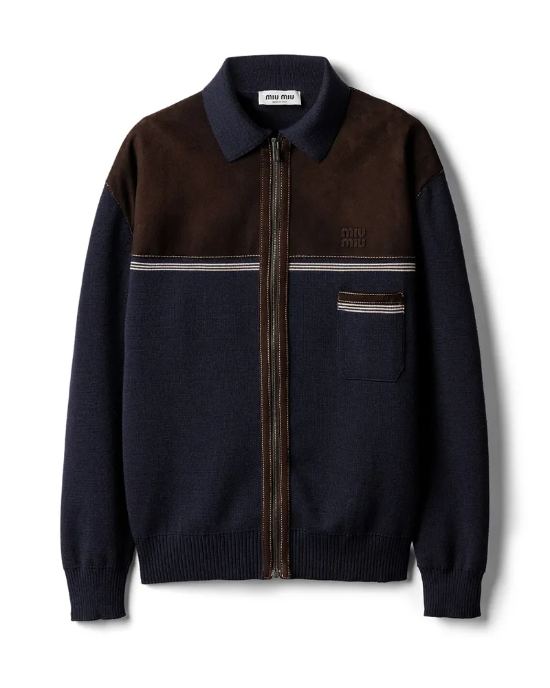 Miu Miu Strickjacke Aus Wolle Und Leder Mit Reißverschluss, Damen, Blau/kakaobraun, Größe Blau