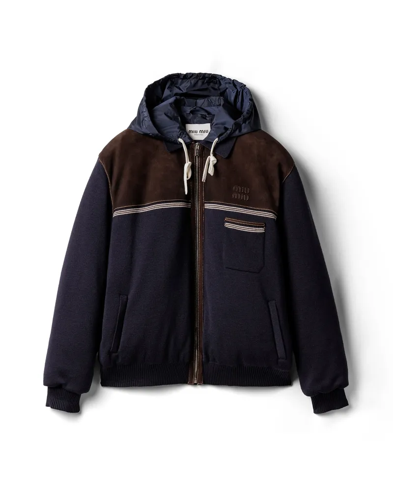 Miu Miu Daunenjacke Aus Strick Und Leder, Damen, Blau, Größe Blau