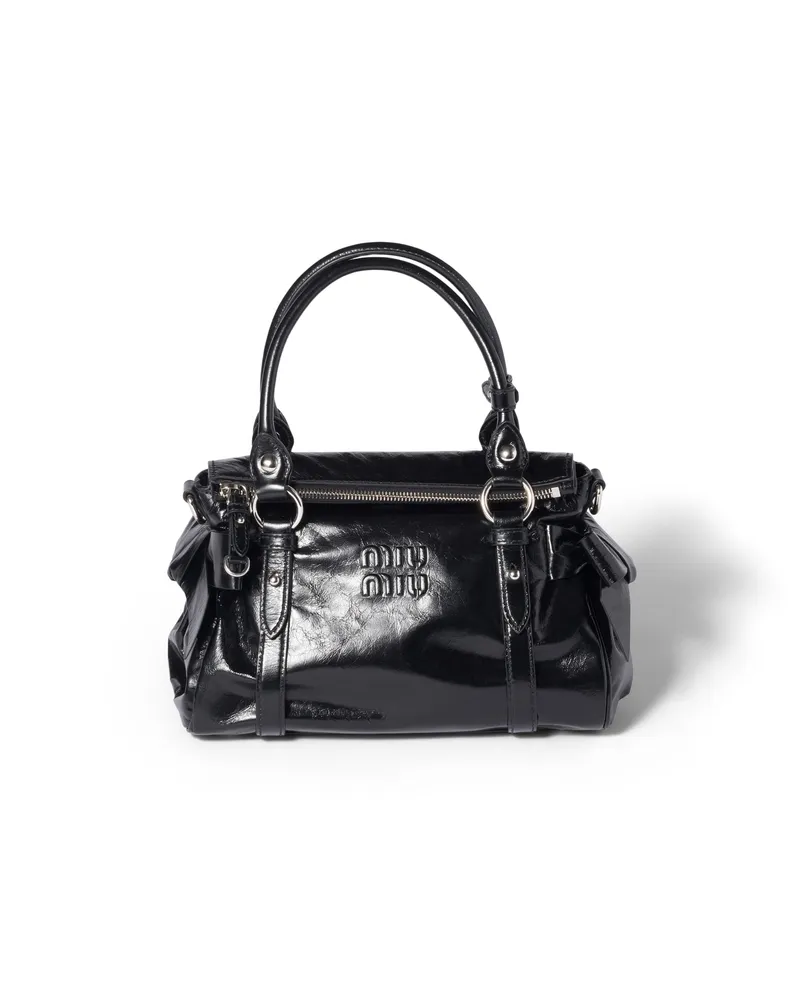 Miu Miu Henkeltasche Aus Glänzendem Leder, Damen, Schwarz Schwarz