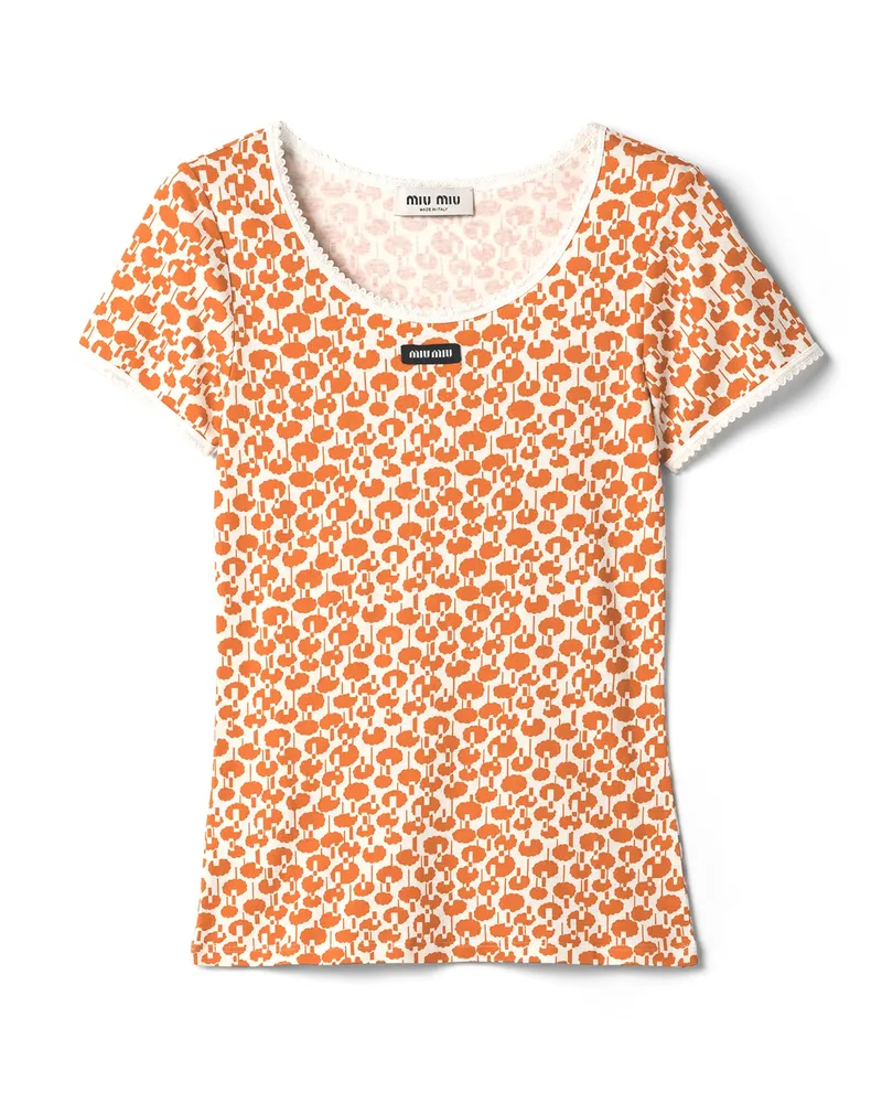 Miu Miu T-shirt Aus Baumwolle , Damen, Elfenbein / Orange, Größe Elfenbein