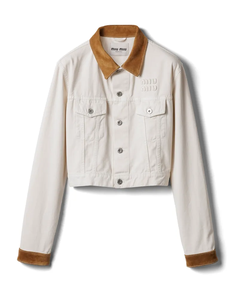 Miu Miu Blousonjacke Aus Denim Und Leder, Damen, Weiss, Größe Weiss