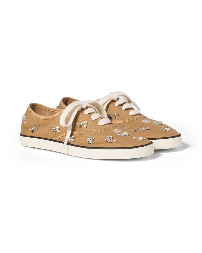 Miu Miu Bestickte Sneaker Aus Drill, Damen, Malzbeige, Größe Malzbeige