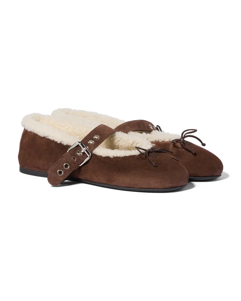 Miu Miu Ballerinas Aus Wildleder Und Lammfell, Damen, Dunkelbraun, Größe Dunkelbraun