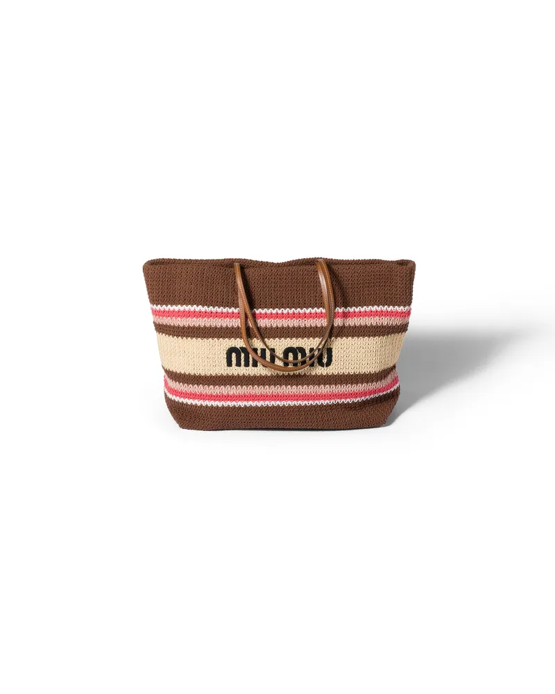 Miu Miu Tote Bag In Raphiabast-optik, Damen, Tabak/erdbeere/natur Tabak