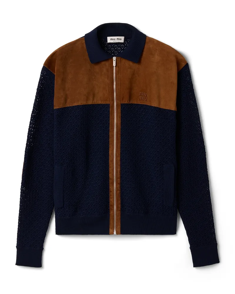 Miu Miu Strickjacke Aus Baumwoll-häkelarbeit Und Veloursleder, Damen, Blau, Größe Blau