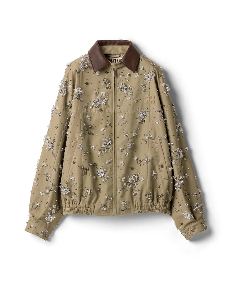 Miu Miu Bestickte Blousonjacke Aus Chino Und Leder, Damen, Khaki, Größe Khaki