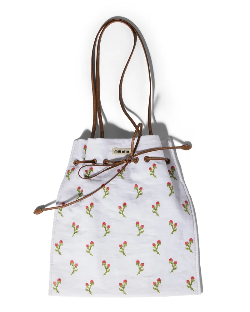 Miu Miu Bestickte Tote Bag Aus Leinen, Damen, Weiss/rot Weiss