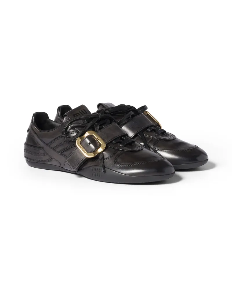 Miu Miu Gymnasium Sneaker Aus Leder Mit Schließe, Damen, Schwarz, Größe Schwarz
