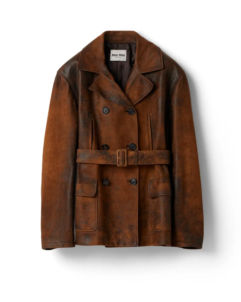 Miu Miu Doppelreihige Cabanjacke Aus Gewachstem Wildleder, Damen, Cognac, Größe Cognac