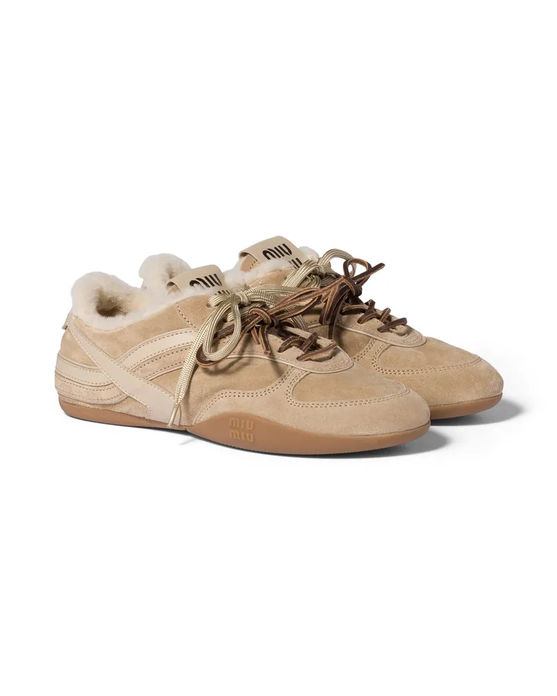 Miu Miu Gymnasium Sneaker Aus Wildleder Und Lammfell, Damen, Wüstenbeige, Größe Wüstenbeige