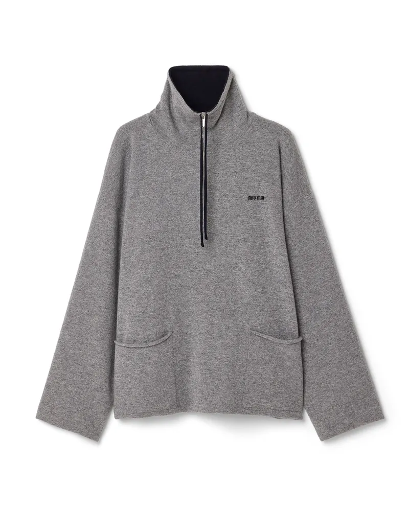 Miu Miu Pullover Aus Kaschmir Mit Halbreißverschluss, Damen, Grau+blau, Größe Grau+blau