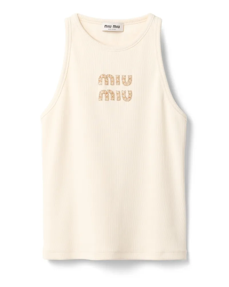 Miu Miu Top Aus Geripptem Jersey Mit Sticklogo, Damen, Natur, Größe Natur