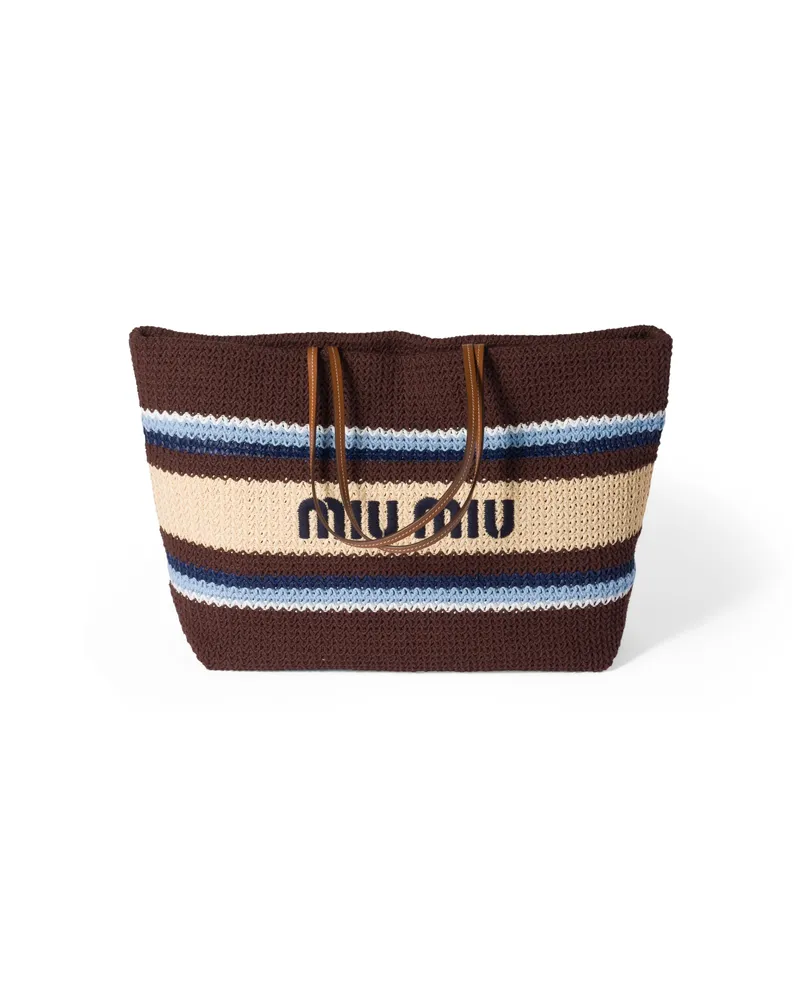 Miu Miu Tote Bag In Raphiabast-optik, Damen, Kakaobraun/blassblau/natur Kakaobraun