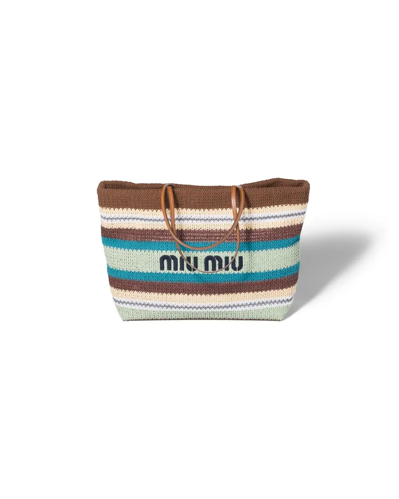 Miu Miu Tote Bag In Raphiabast-optik, Damen, Tabak/türkis/aqua Tabak