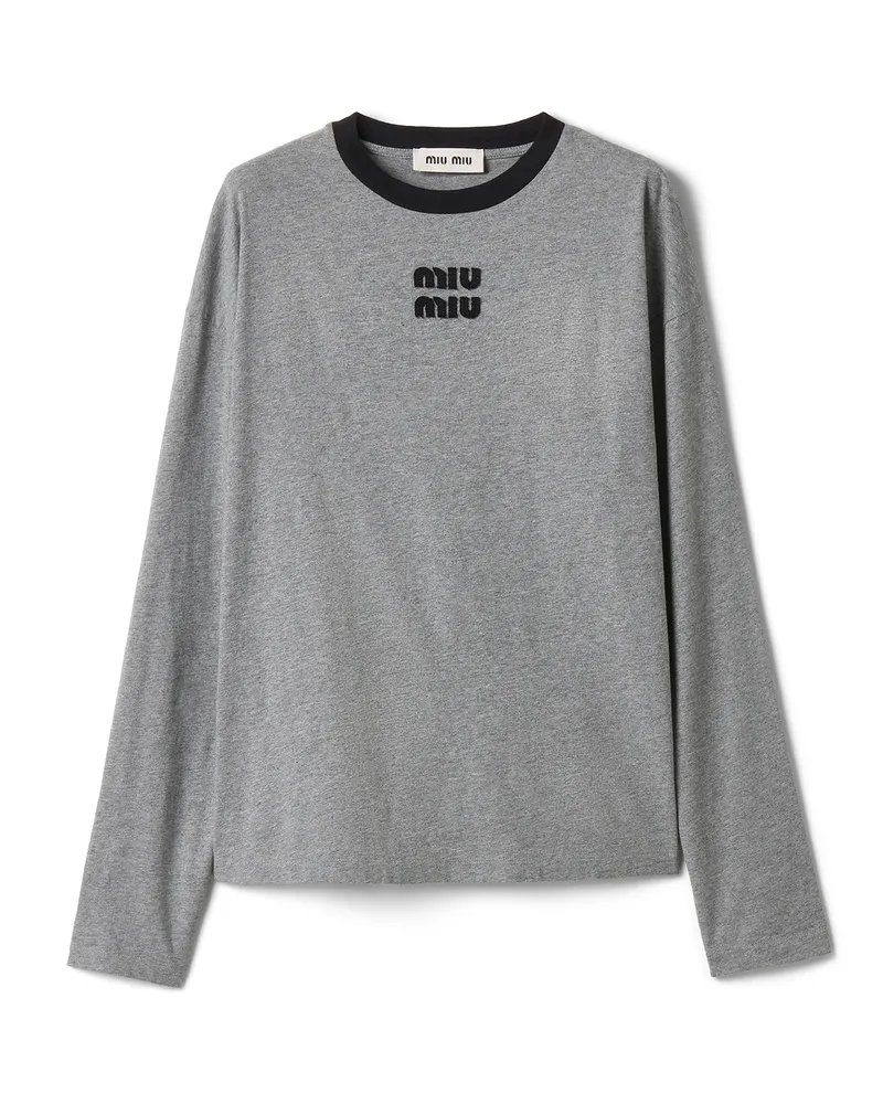 Miu Miu Langärmliges T-shirt Aus Baumwolljersey, Damen, Grau/schwarz, Größe Grau
