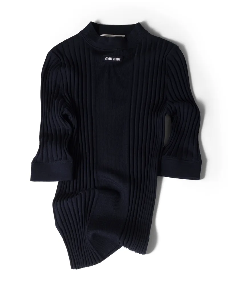 Miu Miu Pullover Aus Gerippter Wolle, Damen, Blau, Größe Blau