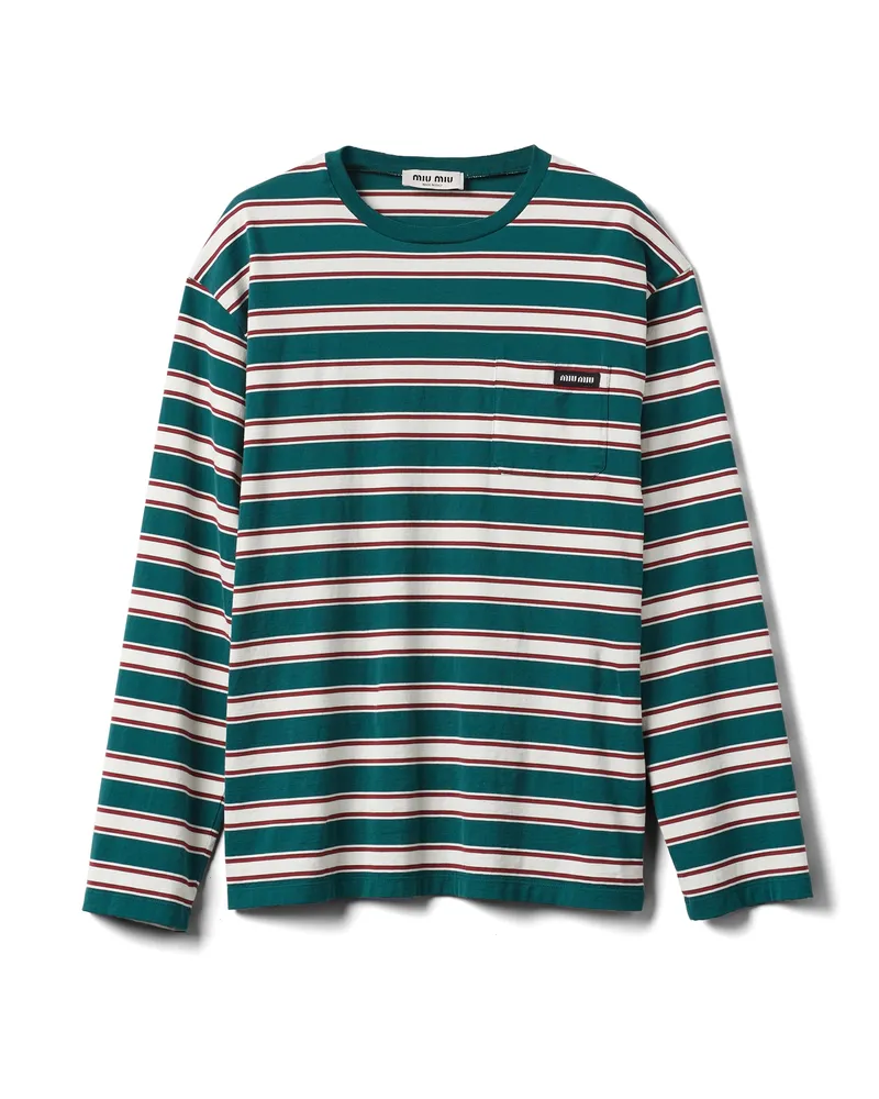 Miu Miu Langärmliges T-shirt Aus Baumwolljersey, Damen, Grün/weiß/cognac, Größe Grün