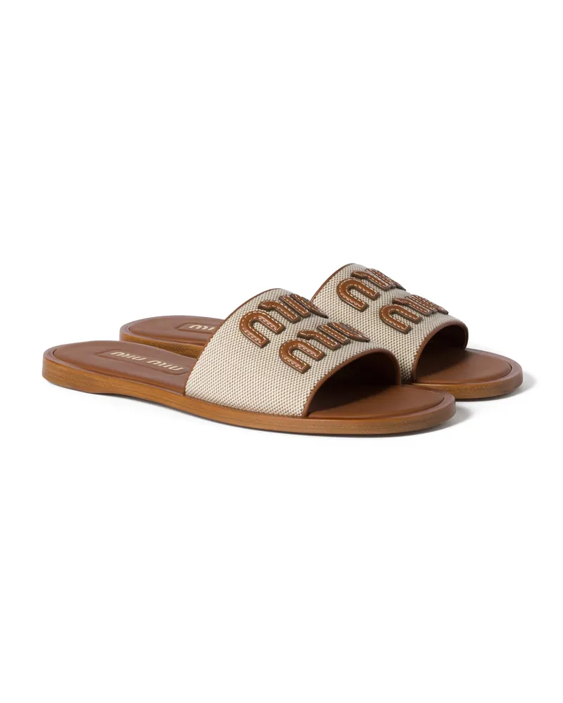 Miu Miu Pantoletten Aus Canvas Und Leder, Damen, Beige/brandy, Größe Beige