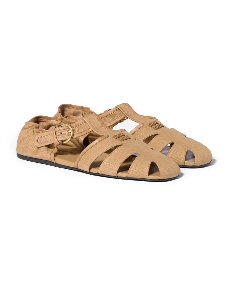 Miu Miu Ruches Baumwolle Und Nappa-wildleder Fischer-sandalen, Damen, Malzbeige, Größe Malzbeige