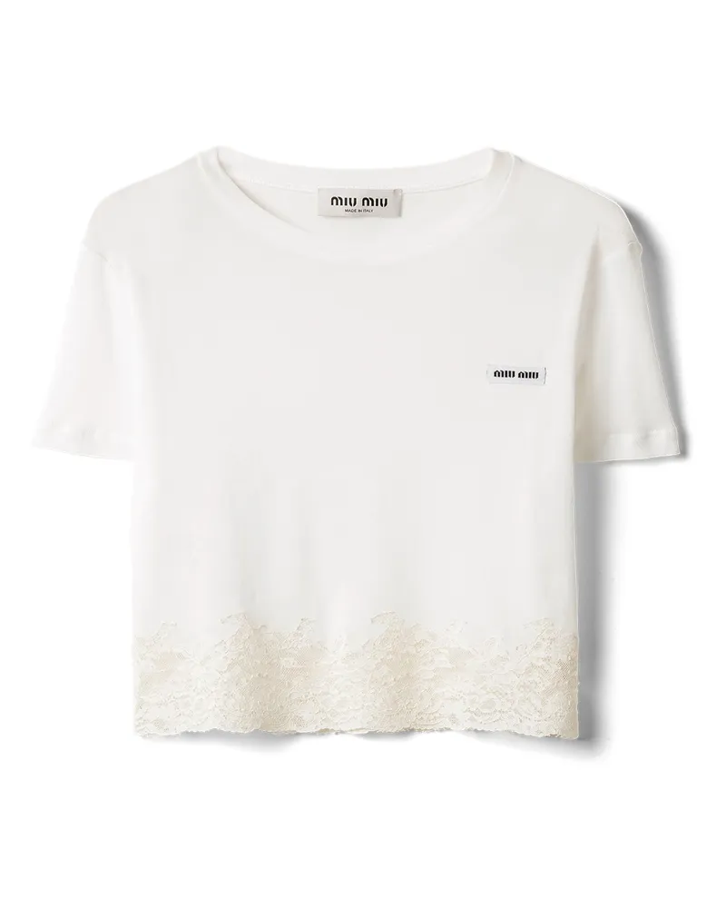 Miu Miu T-shirt Aus Geripptem Jersey Und Spitze, Damen, Weiss, Größe Weiss