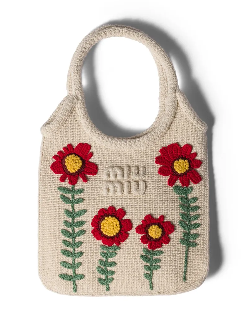 Miu Miu Ivy Bestickte Handtasche Aus Baumwolle, Damen, Natur Natur
