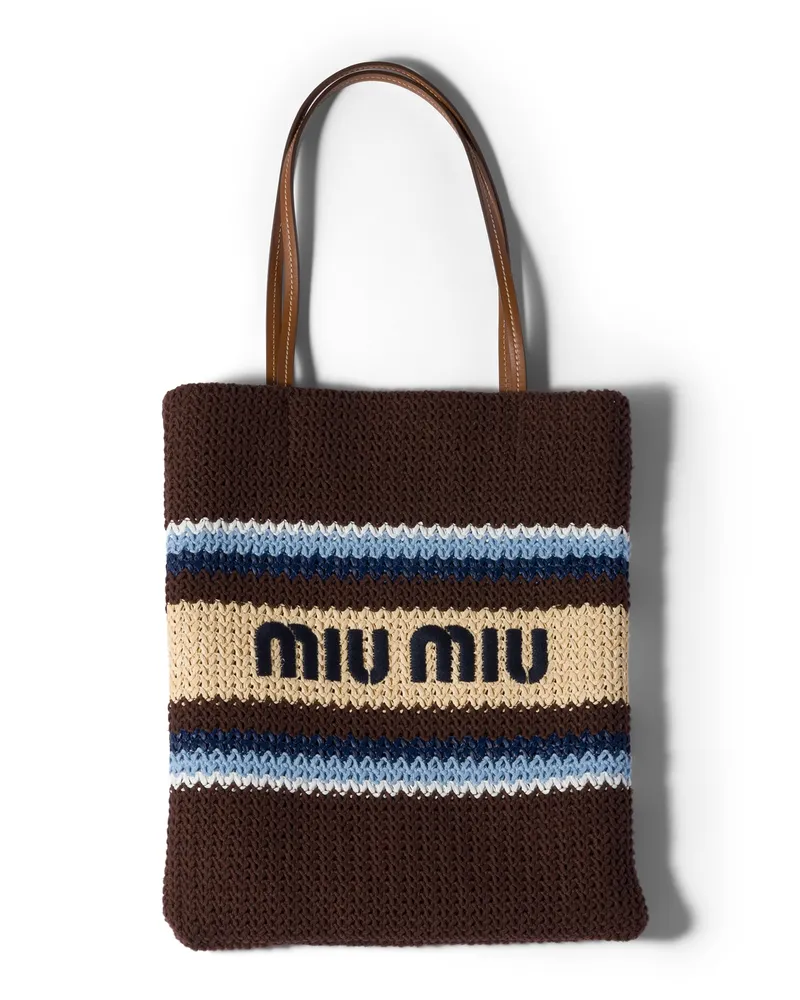 Miu Miu Tote Bag In Raphiabast-optik, Damen, Kakaobraun/blassblau/natur Kakaobraun