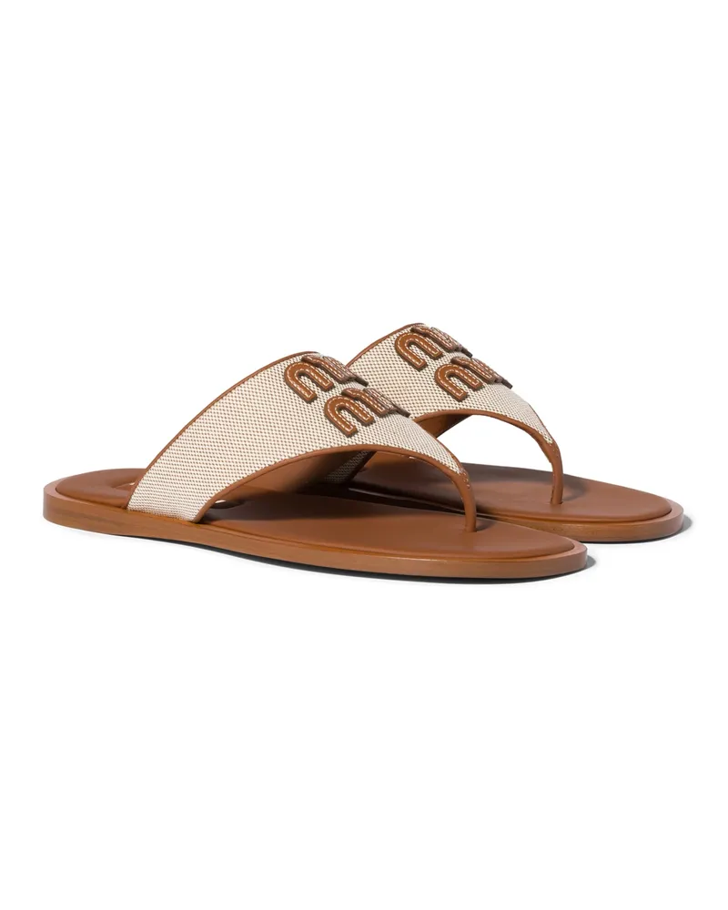 Miu Miu Zehenstegsandalen Aus Canvas Und Leder, Damen, Beige/brandy, Größe Beige
