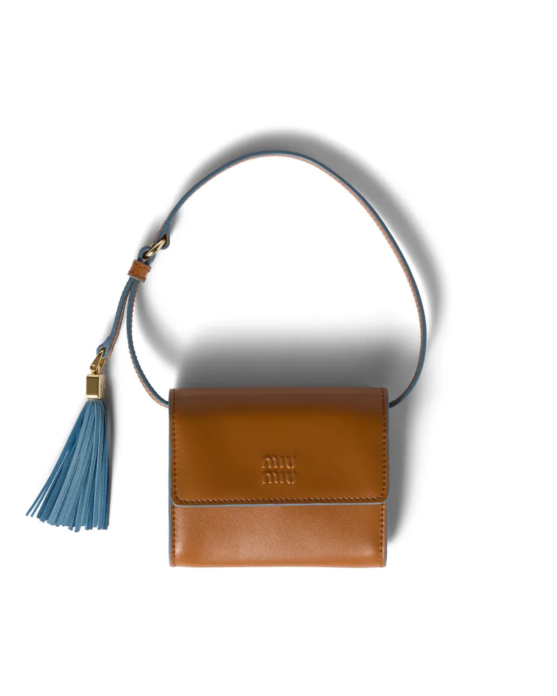 Miu Miu Geldbörse Aus Leder Mit Schulterriemen, Damen, Cognac/astralblau Cognac