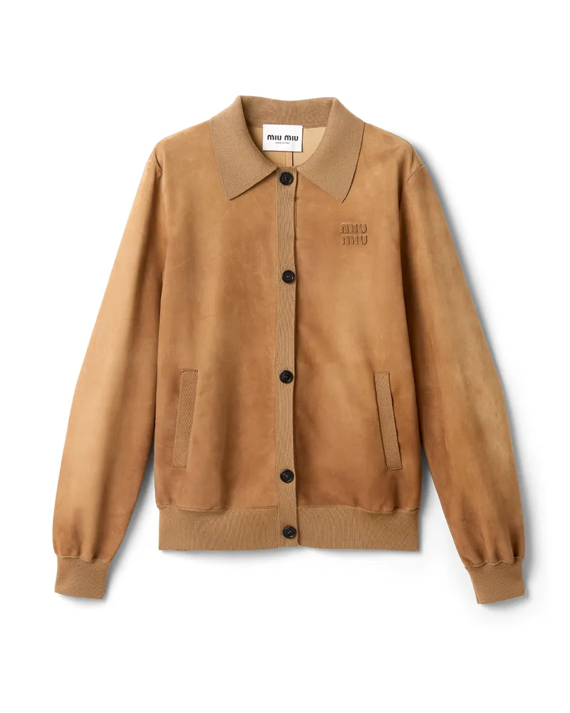 Miu Miu Blousonjacke Aus Gewachstem Wildleder, Damen, Sandbeige, Größe Sandbeige